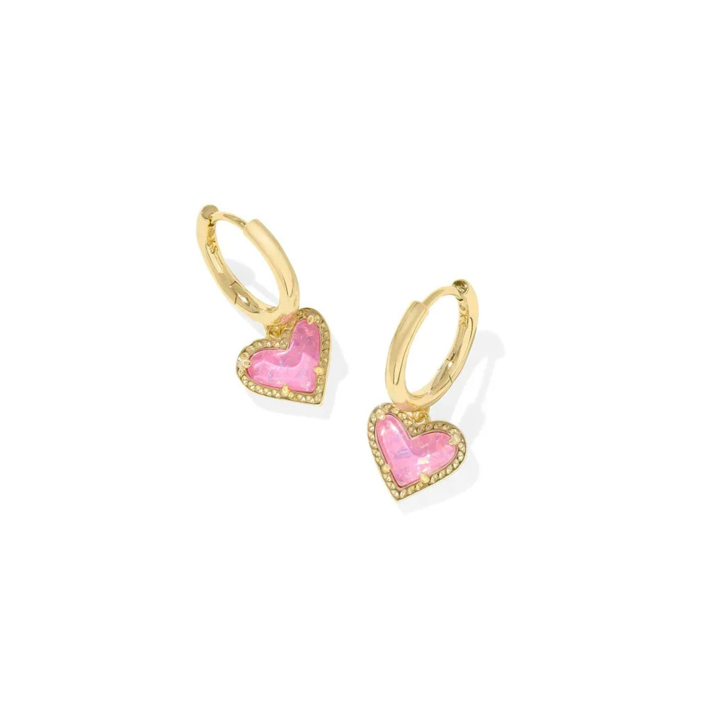 Ari Heart Gold Huggie Earrings in Pink Iridescent Glitter Glass