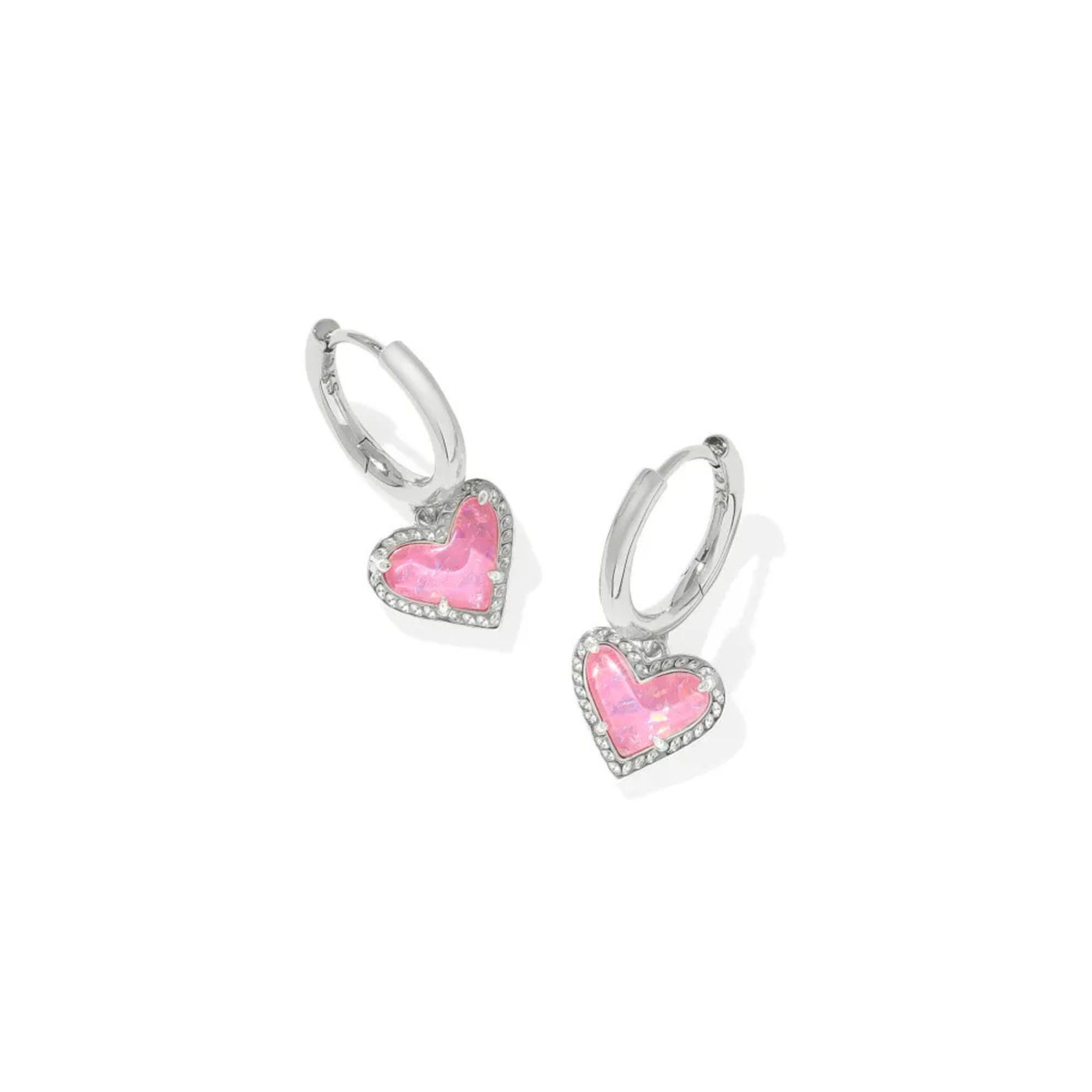 Ari Heart Silver Huggie Earrings in Pink Iridescent Glitter Glass