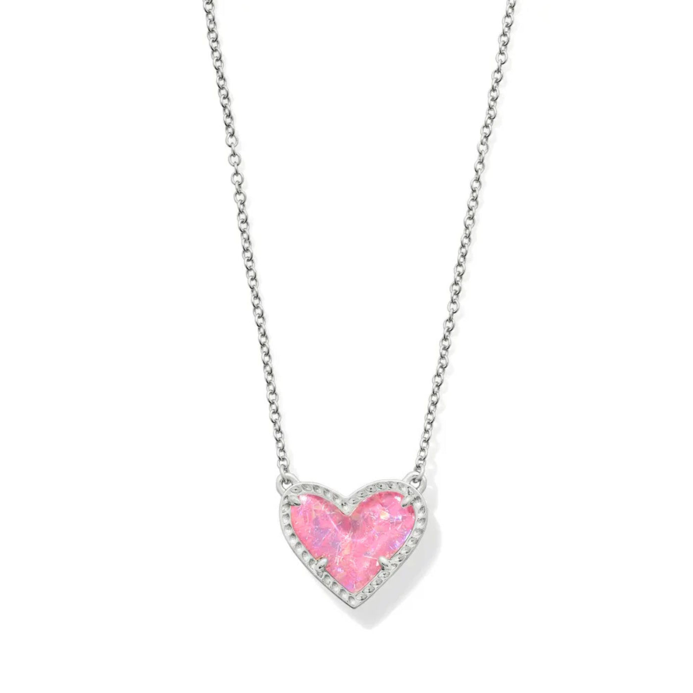 Ari Heart Silver Pendant Necklace in Pink Iridescent Glitter Glass