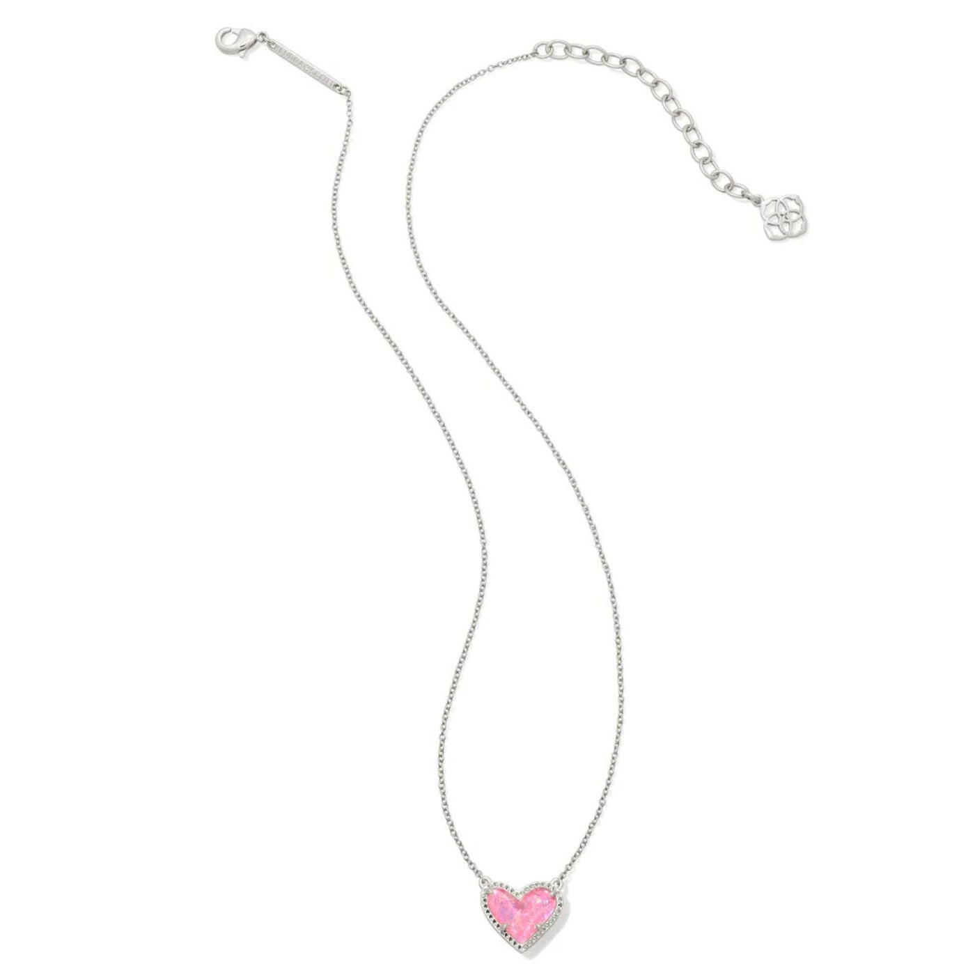 Ari Heart Silver Pendant Necklace in Pink Iridescent Glitter Glass