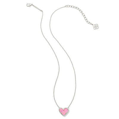 Ari Heart Silver Pendant Necklace in Pink Iridescent Glitter Glass
