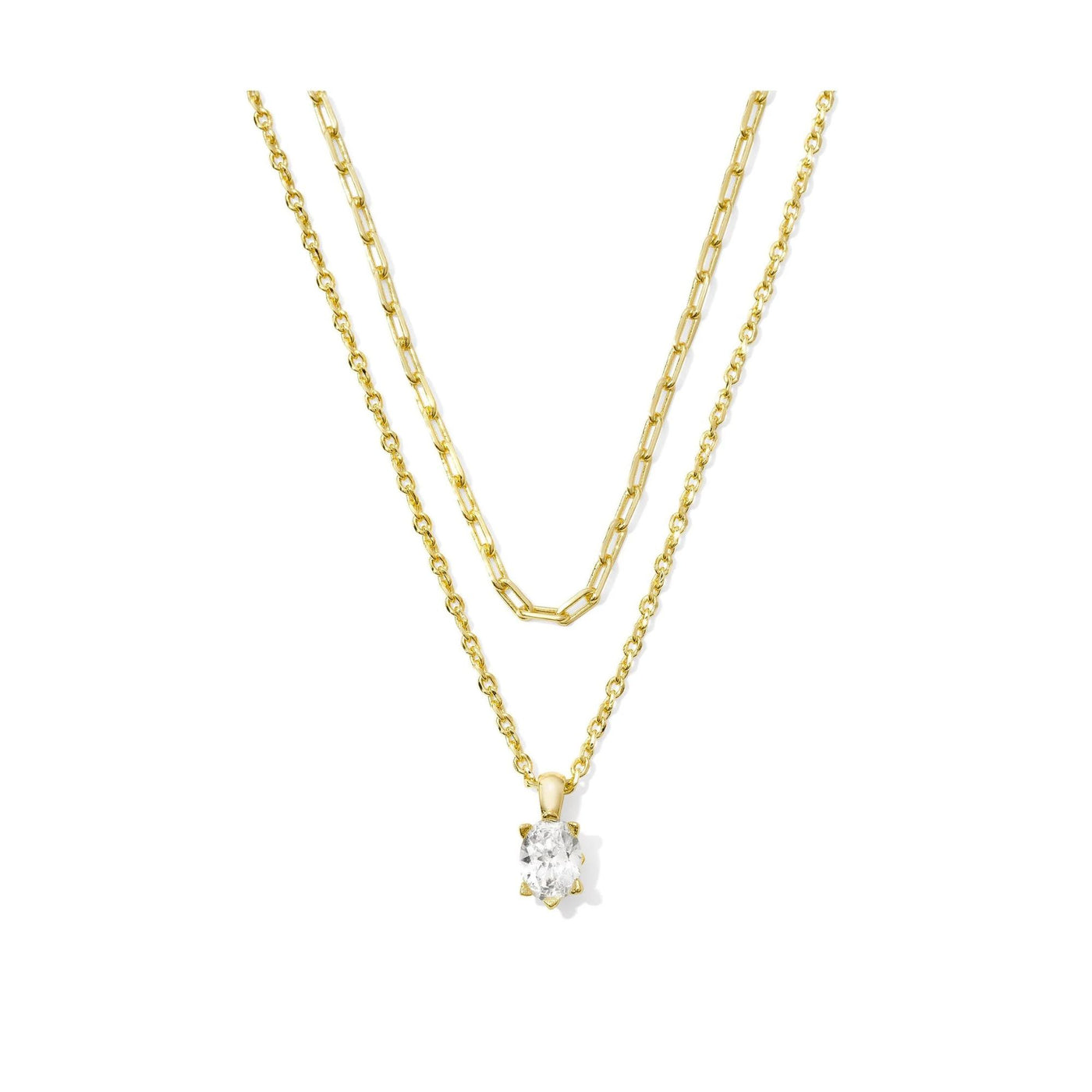 Gold necklace with a diamond pendant on a white background