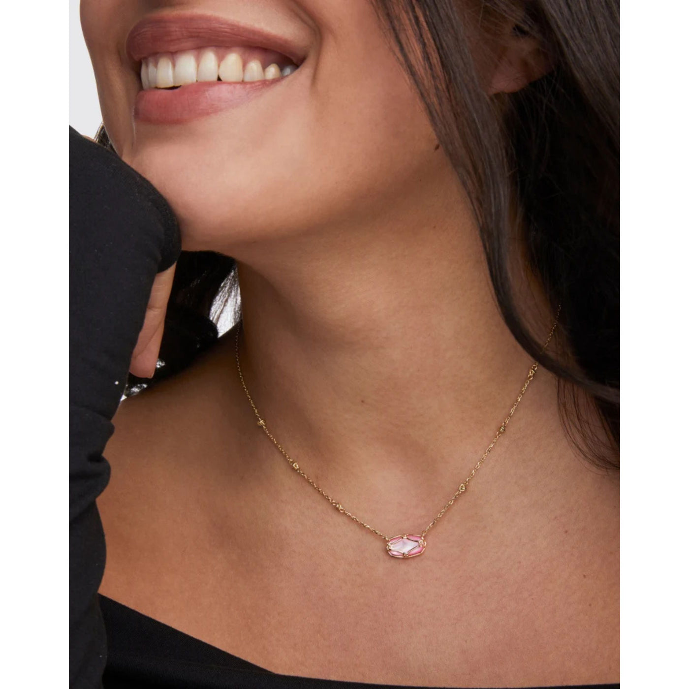 Elisa Lattice Frame Gold Short Pendant Necklace in Blush Ivory Mother-of-Pearl
