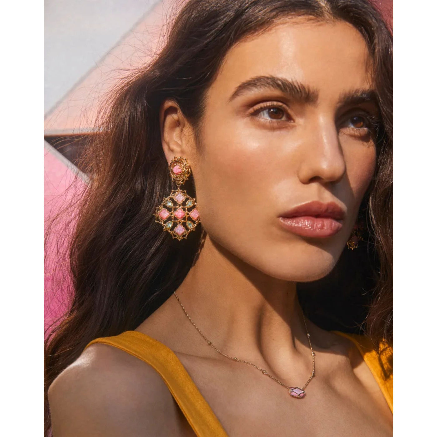 Elisa Lattice Frame Gold Short Pendant Necklace in Blush Ivory Mother-of-Pearl