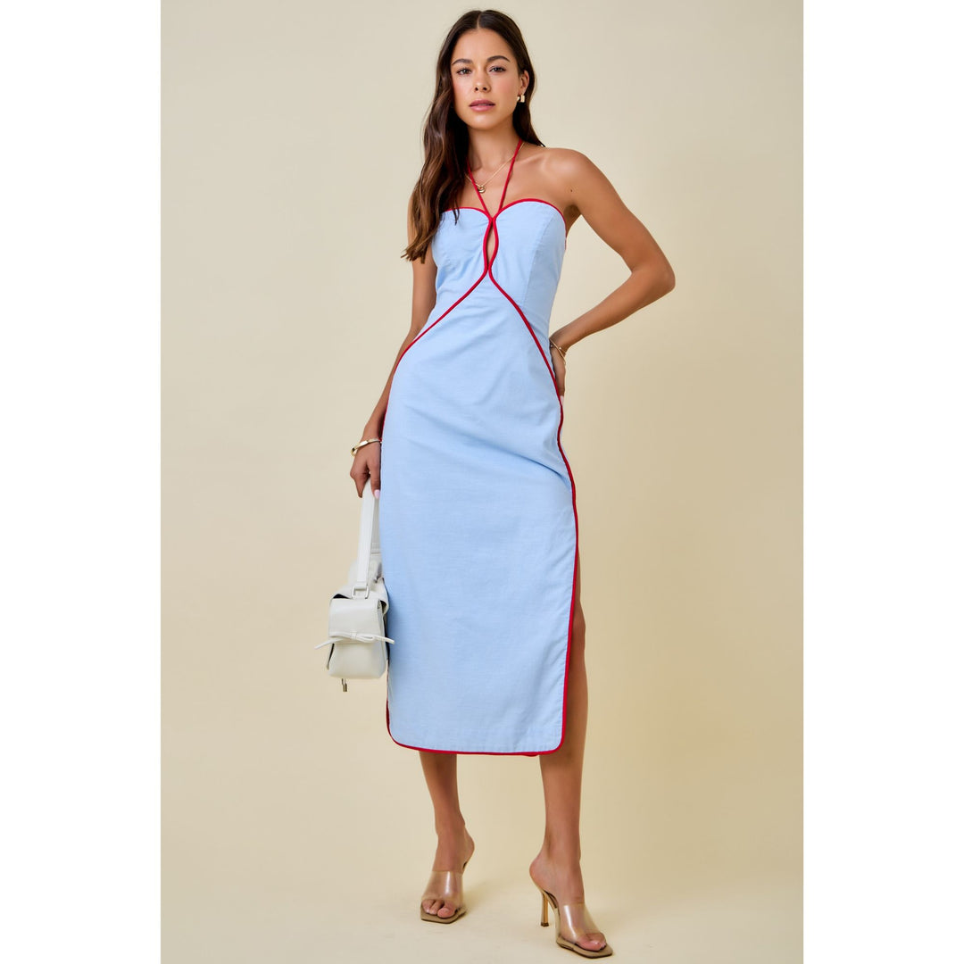 day and moon blue dress Halter Neck Cutout Midi With Contrast Piping starry night celestial gown