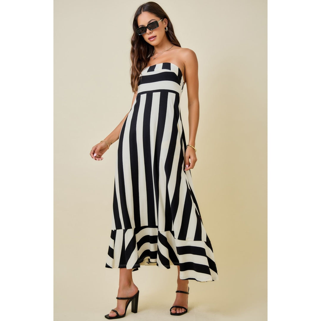 black white striped strapless dress Mixed Stripe Maxi With Flared Ruffle Hem – Reed's Cobalt Blue Wedding Guest linen blend in bold knitted dress Size:16 US / 49 EU