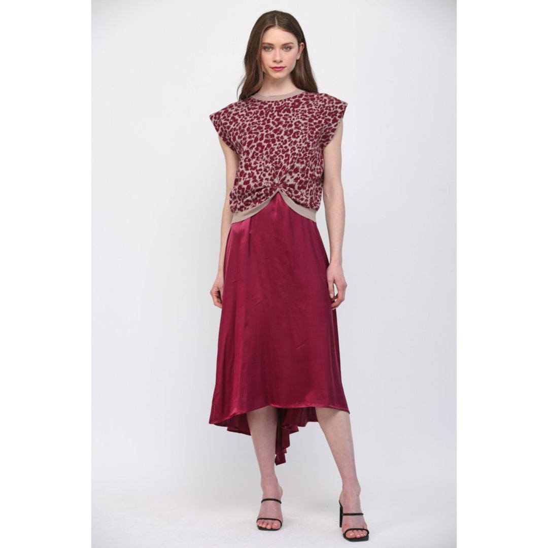 Leopard Print Twist Front Sweater Over Satin Dress Burgundy / L