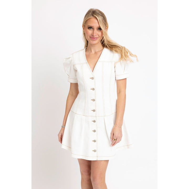 Denim Cap Sleeve Button Dress Ivory / M