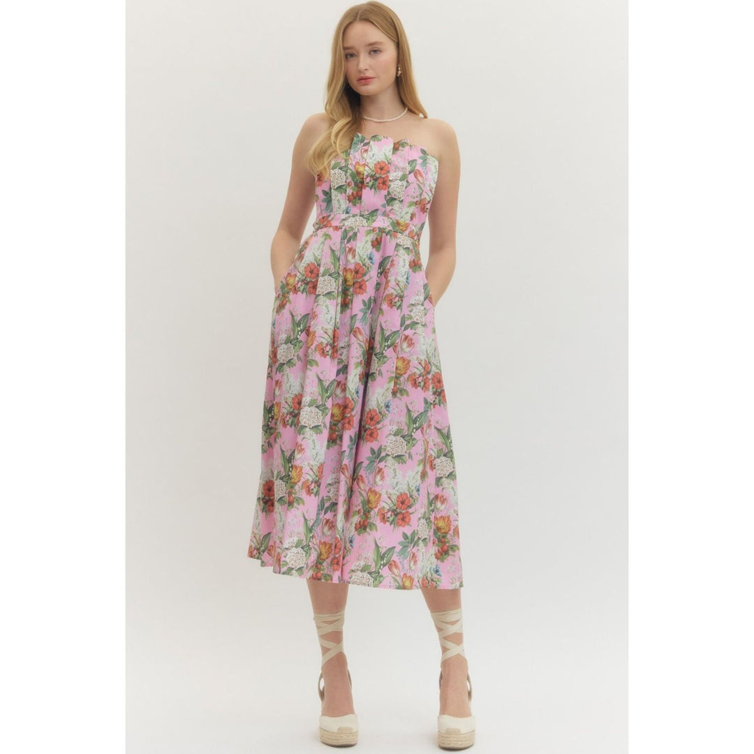 strapless floral midi dress Floral Print Strapless Midi Dress – Reed's