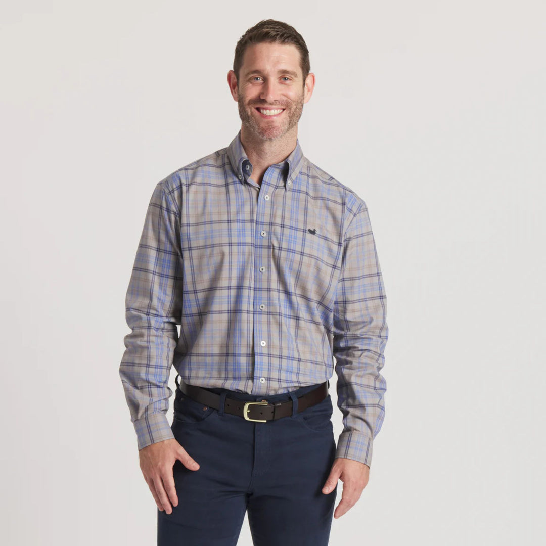 Southern Marsh Barnstable Lines Performance Dress Shirt Light Gray & Royal Blue / Extra Large